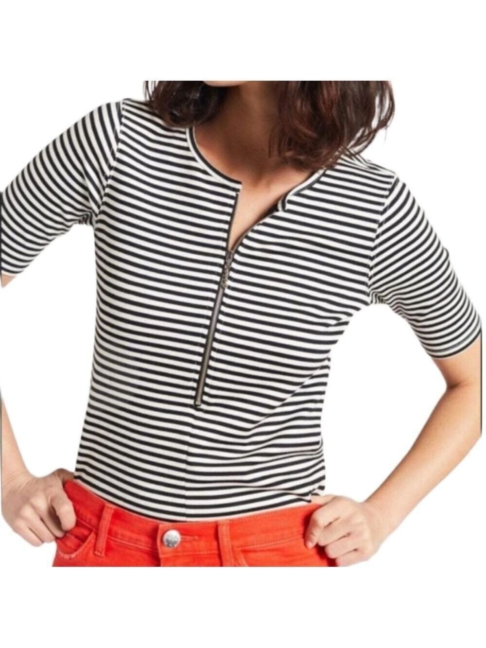 CURRENT ELLIOTT LEIGHTON HALF ZIP STRIPE TEE SHIRT TOP LIKE NEW SIZE SMALL